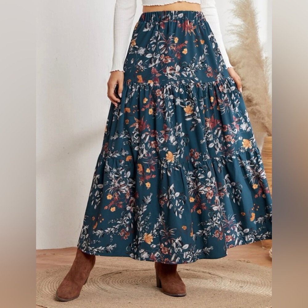 Teal Floral Maxi Skirt